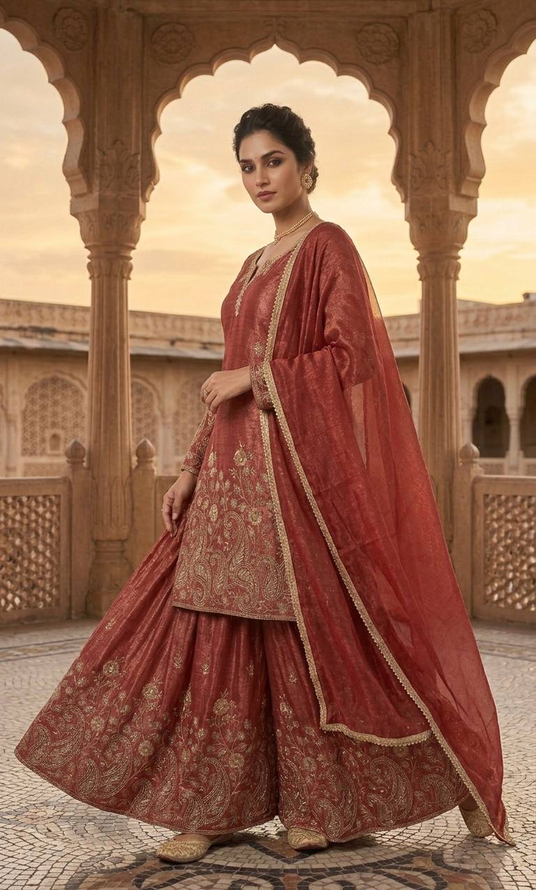 Urban Copper-Red Embroidered Flared Ensemble